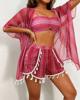 Damen Bikini Set mit Cover Up Shirt und Strandshorts in Rosa