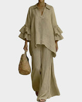 Catrin - Set aus Tunika mit Rüschenärmeln und Hose in Beige