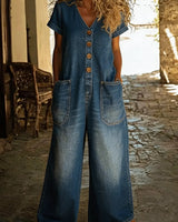 Denise | Denim-Overall mit V-Ausschnitt und kurzen Ärmeln in Blau