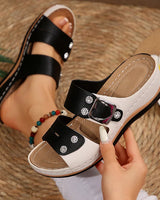 Selima - Leder Keilabsatzsandalen Mit Strasssteinen in Schwarz