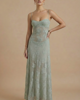 Damen Maxikleid mit Blumenmuster, Spaghettiträgern und taillierter Passform in Salbeigrün