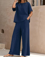 Josy – Set Aus Kurzärmeliger Bluse Und Hose mit Weitem Bein in Marineblau
