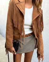 Natalie | Damen Boho-Chic Jacke aus Kunstwildleder mit Fransen in Braun