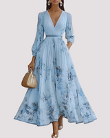 Leah - Florales Langärmeliges Midikleid in Blau