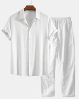 Button-Up Hemd und gerade geschnittene Hose aus Leinen-Rayon-Mischung in Weiß