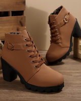 HELEN | Chunky Schnürstiefeletten mit Metallschnalle in Braun
