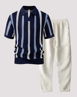 Richards - Bequemes Streifen-Polo und Hosen-Set in Blau / Beige