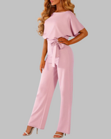 Amber | Damen Overall Fledermausärmel Bindegürtel Weites Bein in Rosa
