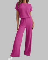 Paula | Damen Rippstrick-Set Kurzarm Top Weite Hose Casual in Rosarot