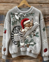 Elisabetta – Plüschpullover Mit Fauler Katze in Grau
