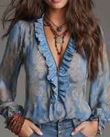Vaidile - Lässige Bluse Mit Halbem Reißverschluss Und Rüschen in Blau