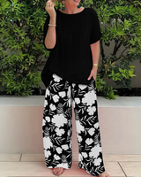 Abigail | Weites Bein Blumenmuster Zweiteiliges Set in Carbon Schwarz