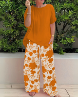 Abigail | Weites Bein Blumenmuster Zweiteiliges Set in Mandarin Orange