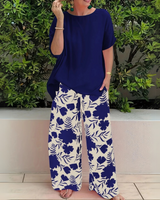 Abigail | Weites Bein Blumenmuster Zweiteiliges Set in Marineblau