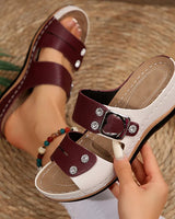 Selima - Leder Keilabsatzsandalen Mit Strasssteinen in Burgund