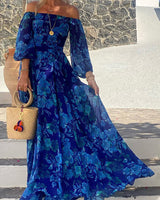 Cleo | Schulterfrei Blumenmuster Maxi Abendkleid in Blau