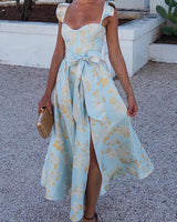 Partykleid mit Rüschenschultern Schleifenbund und Schlitz in Blau