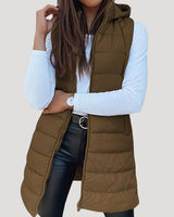 Drune | Frauen langes Gilet mit Kapuze gepolsterter Winter-Puffer in Braun