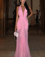 Mesh Halter Maxikleid mit Bindeband in Rosa