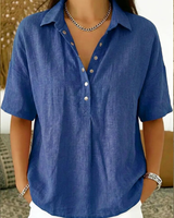 Anzhela - Elegante Kurzarm Bluse Mit Knopfleiste in Blau