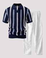 Richards - Bequemes Streifen-Polo und Hosen-Set in Blau / Weiß
