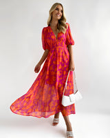 Louisa - Florales Lockeres Midikleid in Orange