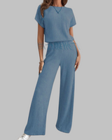 Paula | Damen Rippstrick-Set Kurzarm Top Weite Hose Casual in Blau