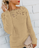 Andrea | Damen Winterpullover mit Blumen-Spitzenkragen in Khaki