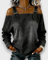 Elama | Off-Shoulder Denim Top in Schwarz