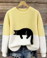 Aiste - Lässiger Pullover Mit Katzenmotiv in Gelb