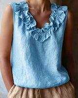 Safiya – Ärmellose Bluse MIT Rüschen Am Ausschnitt in Blau