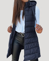 Drune | Frauen langes Gilet mit Kapuze gepolsterter Winter-Puffer in Marine