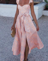 Partykleid mit Rüschenschultern Schleifenbund und Schlitz in Rosa