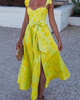Partykleid mit Rüschenschultern Schleifenbund und Schlitz in Gelb