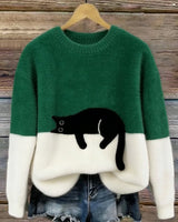 Aiste - Lässiger Pullover Mit Katzenmotiv in Grün