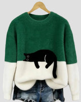 Luna | Damenpullover mit Katzenmotiv in Grün