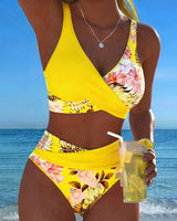 Lena | Bikini mit kontrastierendem Blumenmuster und Schlitz in Gelb