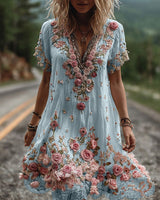 Ruby – Blossom bestickte V-Ausschnitt Kleid in Blau