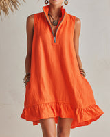 Helles Orange Leinen Halb-Reißverschluss Mini-Kleid mit Rüschensaum und Stehkragen in Orange