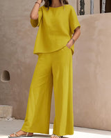 Josy – Set Aus Kurzärmeliger Bluse Und Hose mit Weitem Bein in Gelb