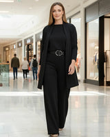 Schickes 3-teiliges Ensemble: Langer Cardigan, Top und Hose in Schwarz