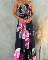 Damen Blumenprint Jumpsuit mit weitem Bein trägerlos und Taillenbund in Schwarz