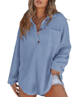KATHRYN™ – Luftige V-Ausschnitt Knopf-Bluse in Himmelblau