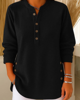 Eshani - Lässiges Geripptes Langarm Henley Oberteil Mit Knopfleiste in Schwarz