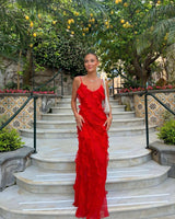 Damen Rüschen Lange Maxi Sommerkleid in Rot