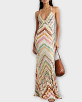 Brigitte | Damen Fischgrätmuster Maxikleid Strick – Strick Maxi Herringbone 2026 in Mehrfarbig