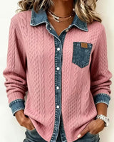Eryna – Langärmliges Shirt mit Zopfmuster und Jeanskragen in Rosa