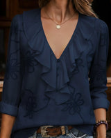 Celestine - Vintage Hemd Mit Blumenmuster Und V-Ausschnitt in Marineblau