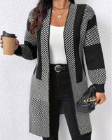 Zhamilya - Langer Geometrisch Gestrickter Strickjacke Mit Offener Vorderseite in Weiß
