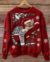 Elisabetta – Plüschpullover Mit Fauler Katze in Rot